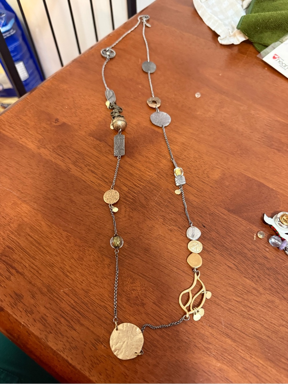 Mixed Metal Long Disc Pendant Necklace - Gold and Silver